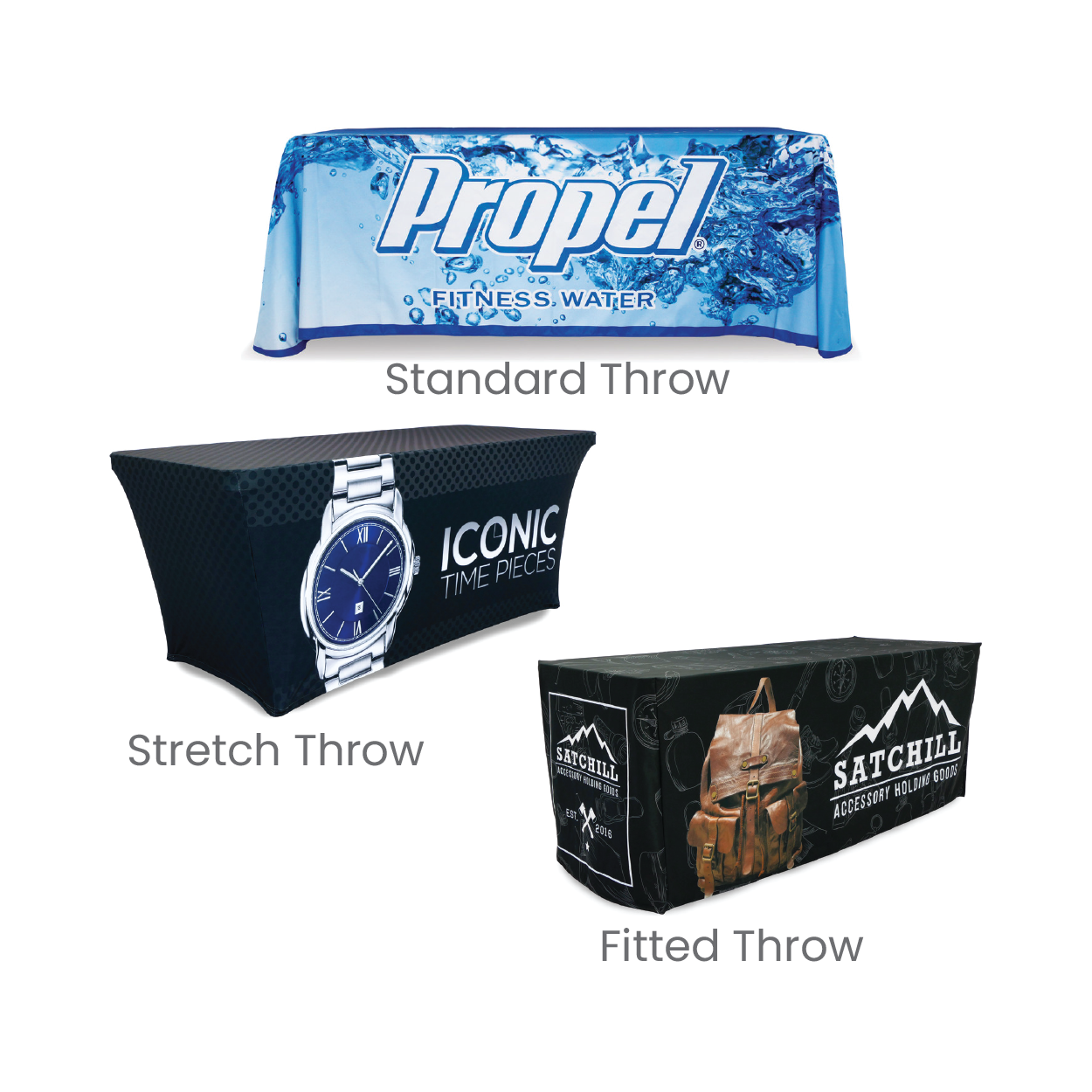 Three table throws with different brands on them.